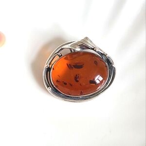 Vintage Boho Sterling Silver Chunky Large Amber Cabochon Leaf Pendant Brooch